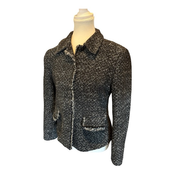 Lafayette 148 Black White Fringe Trim Textured Blazer Jacket Size 4 Wool Blend - Picture 1 of 7